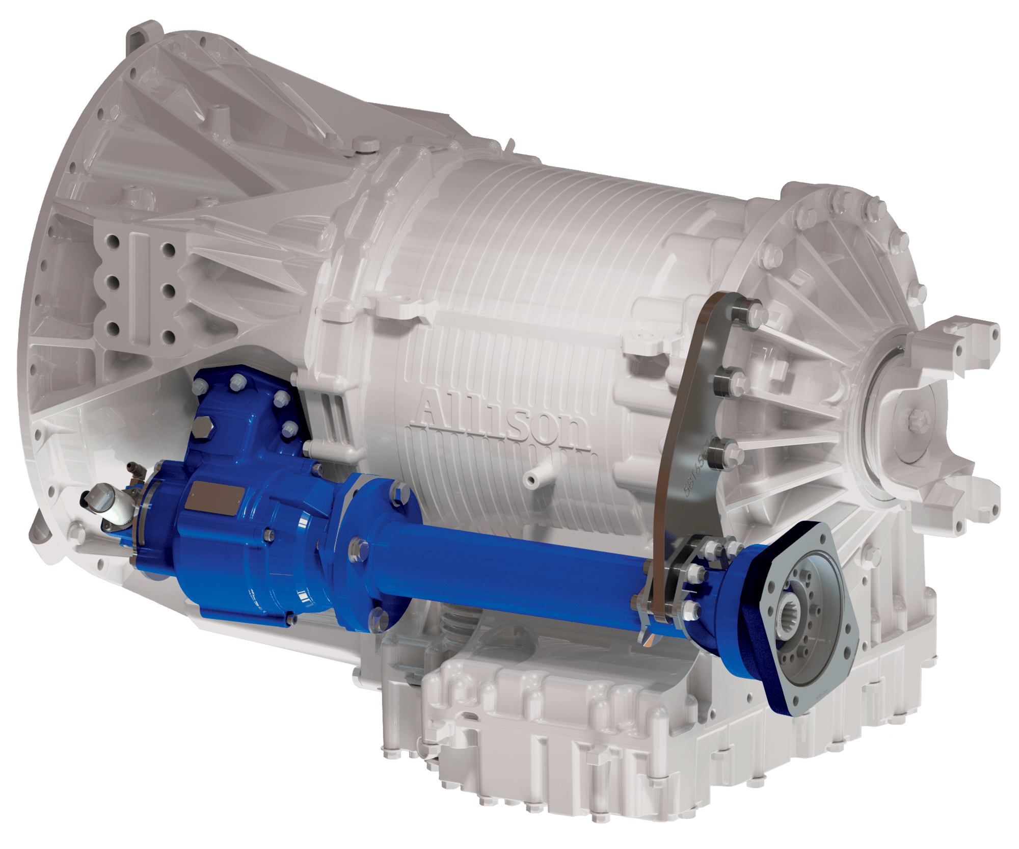 The image shows an Allison 3000 transmission with an A20 Series mounted to it and an EX Drive Shaft Extension mounted to the PTO with a pump support bracket.